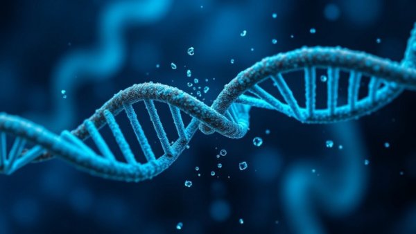 Fragmenting DNA helix representing colibactin and colorectal cancer risk.