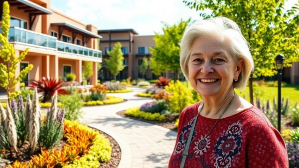 A vibrant affordable senior living community with manicured gardens.