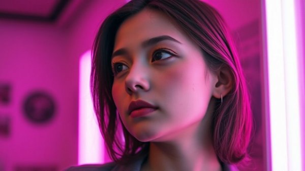 Contemplative woman in neon light, subtle signs of loneliness