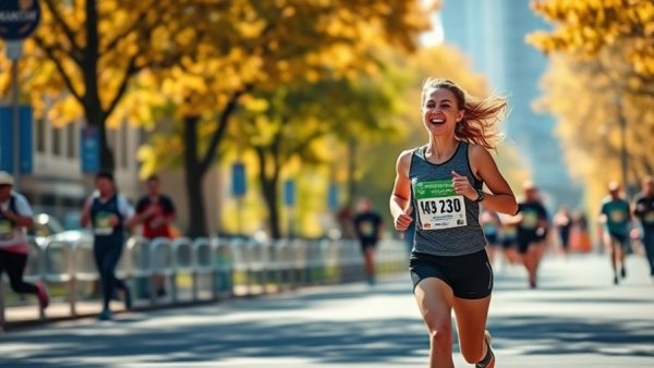 Woman running a half-marathon with multiple sclerosis, joyful expression.
