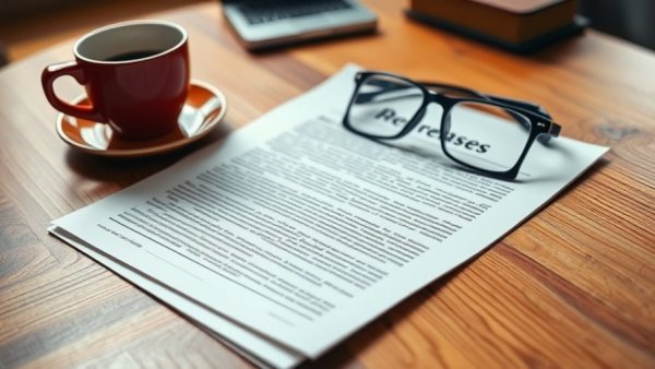 Press release on desk with coffee and glasses.