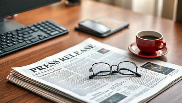 Wooden desk with press release, glasses, coffee cup.