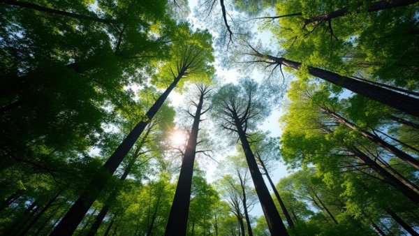 Upward view of a lush forest canopy for Tree Tenders Training.