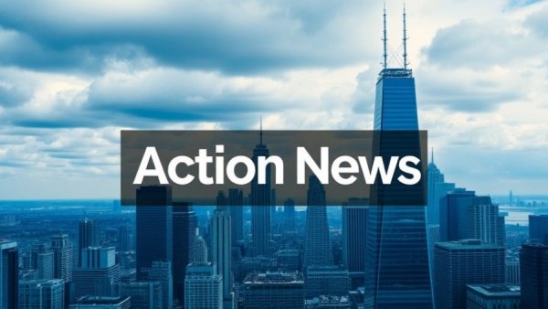 Cityscape with modern buildings and Action News logo, soft blue hue.
