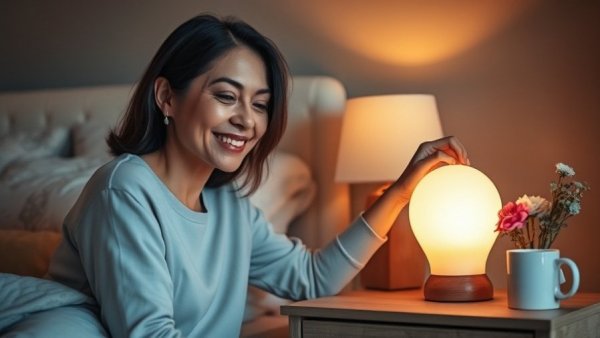 Serene woman in bedroom, reaching for lamp, cozy environment.