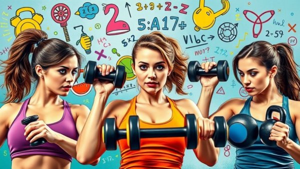 Women engaged in weightlifting with calculators and equations, pop-art style.