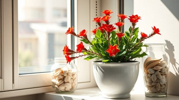 Christmas cactus with red flowers in sunlight, window sill, humidity solution.