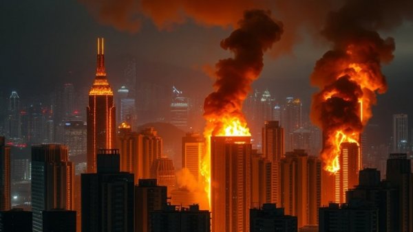 High-rise buildings on fire in Hong Kong skyline at night.