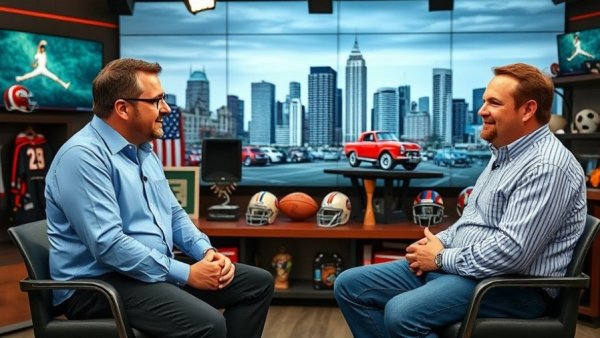 Two men discussing sports in a studio, surrounded by memorabilia, Michigan sports talk shows December 2025.