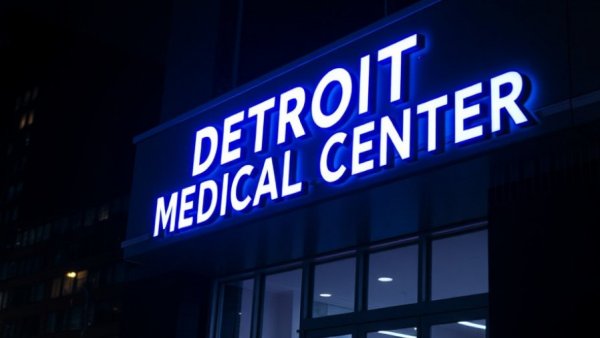 Detroit Medical Center sign shining at night