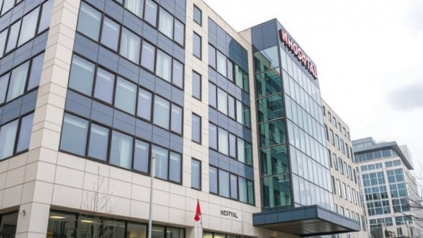 Detroit Medical Center building under overcast sky, highlighting visitor restrictions.