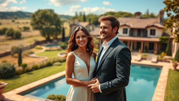 Elegant couple at Peter Dutton estate auction with poolside view.