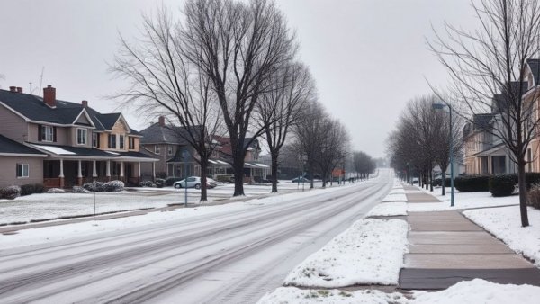 Overcast suburban street with snow and row of dark roofed houses.