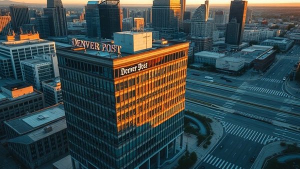 Aerial view of Denver Post building, cityscape in evening light.