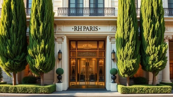 Luxurious RH Paris storefront with elegant facade and greenery.