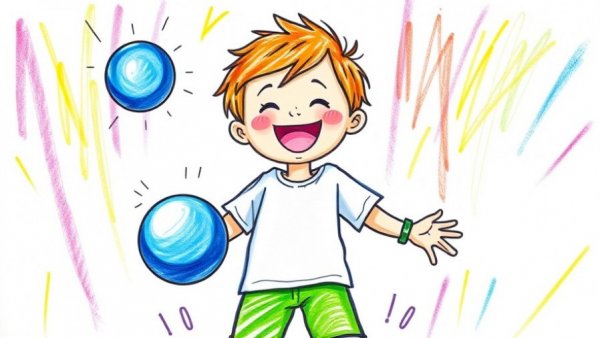 Crayon drawing of a child juggling in colorful background.