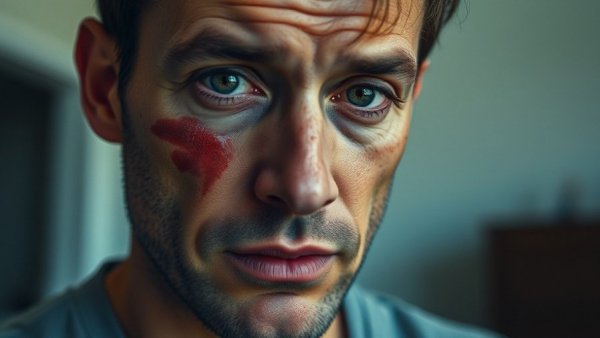 Man with bruising reflects on a difficult encounter, close-up.