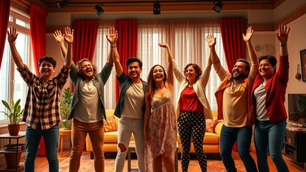 Energetic performers celebrating in a theatrical set, showcasing neurodiversity in performing arts.