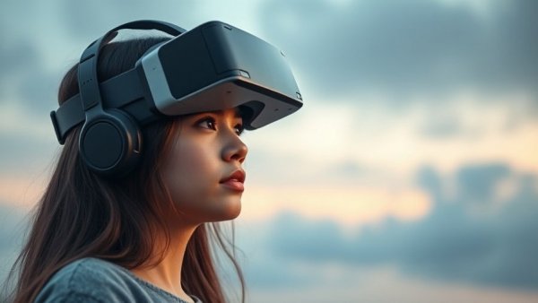 Focused woman with VR headset amid Muskegon's serene backdrop.