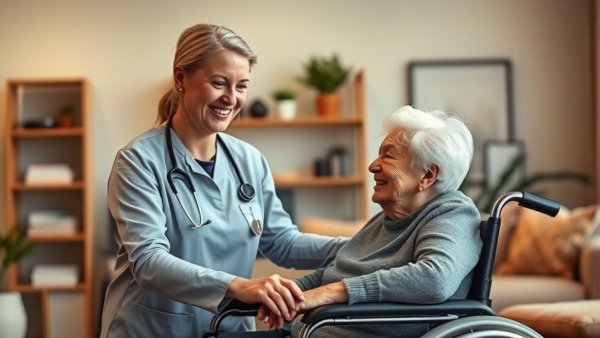 Caring nurse with elderly patient in cozy living room.