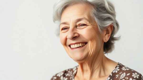 Cheerful older woman in patterned blouse, senior living solutions Muskegon.