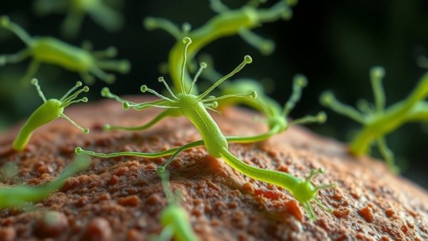 Helicobacter pylori, rod-shaped bacteria relevant to CagA protein Alzheimer’s treatment, close-up view.