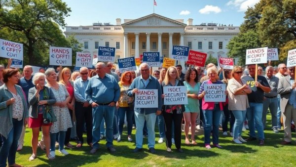 Social security protest in front of government building with diverse group.