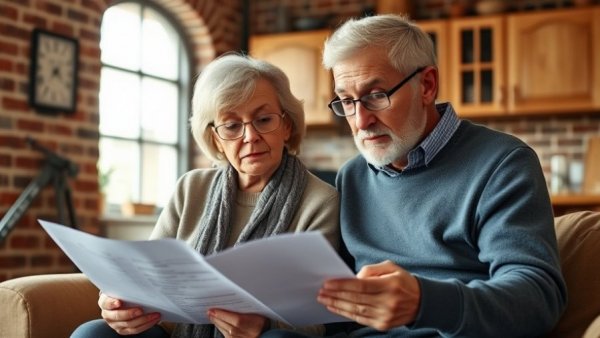 Elderly couple discussing financial security in cozy room.