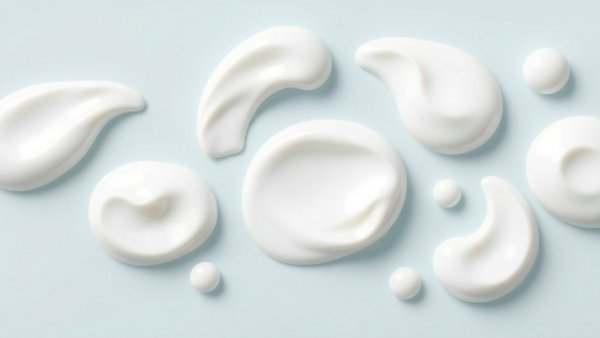 Glossy cream blobs on a pastel blue background highlighting melatonin in skincare.