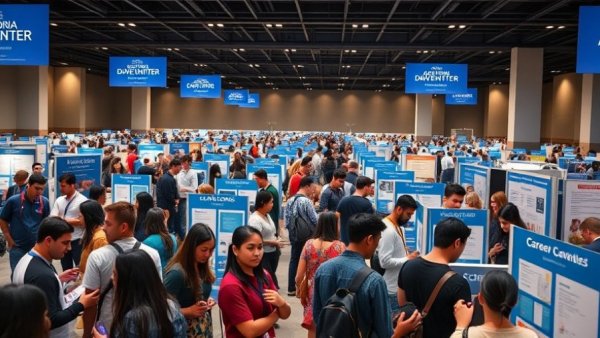 Crowded career fair showcasing opportunities for solopreneurs in China.