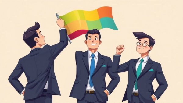 Cartoon illustrating teamwork in refounding startups with digital flag.