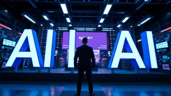 AI solopreneurs in China represented with large 'AI' letters and blurred businessman.