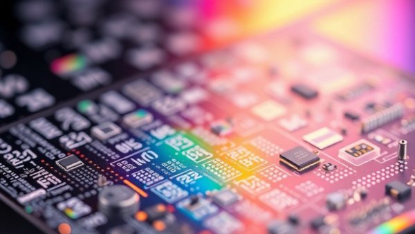Close-up of silicon wafers reflecting vibrant colors.