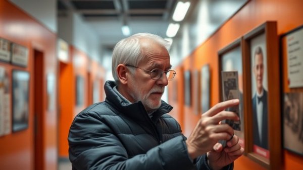 Man examines photos in hallway at Fisher Companies 100th anniversary.