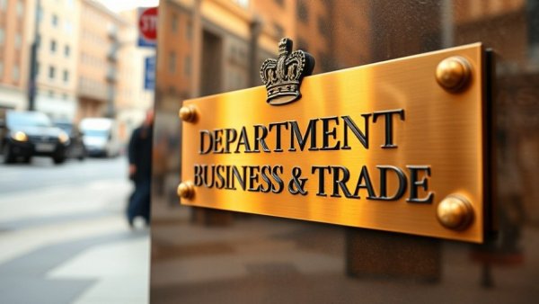 Department for Business and Trade sign reflecting urban street, support Britain’s small businesses.