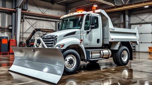 Industrial snow removal trucks in Muskegon facility garage.