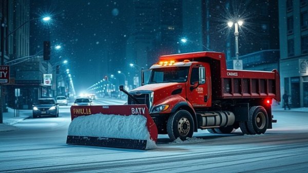 Snow removal services in Muskegon: snow plow truck at night.