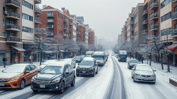 Snowy street in Muskegon with buildings and cars, snow removal services Muskegon.