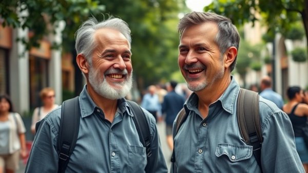 Muskegon SEO Content Creation scene with smiling man on a busy street.