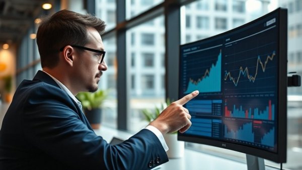 Business professional analyzing data on screen in Muskegon office.