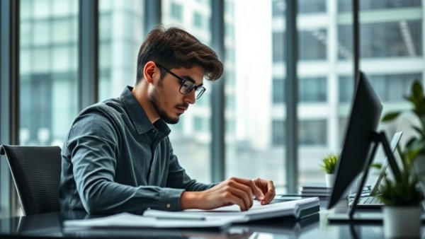 Young man examining investment documents, modern office.