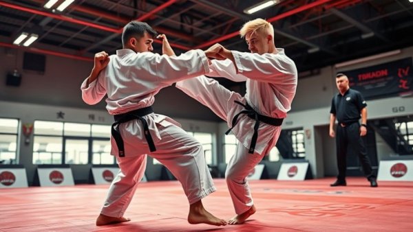 Karate combat match with fighters and referee decision, action shot.