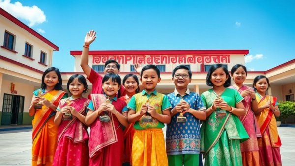 Karate lessons Gurnee: Group celebrates with trophies in sunny courtyard.