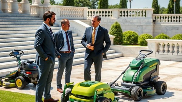 Men discussing advanced lawn care equipment on terrace in Shelby, MI.