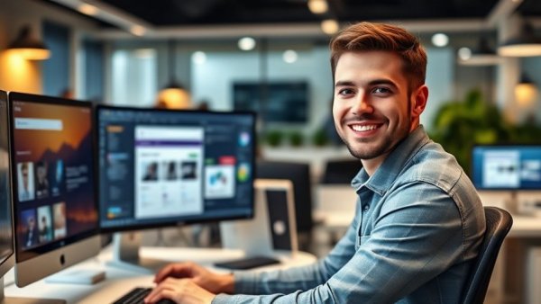 Michigan entrepreneur success stories: smiling man at desk with monitors.
