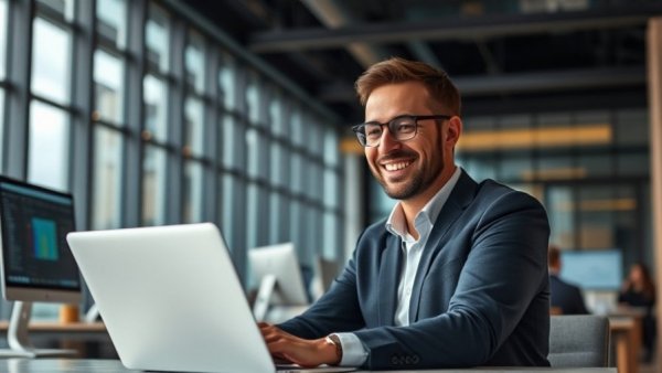 Confident man in office working with laptop, be your own boss inspiration.