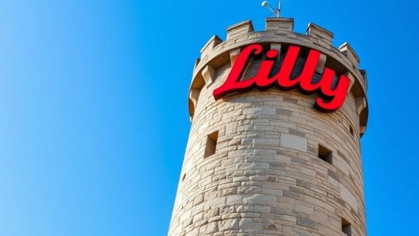 Stone tower with 'Lilly' sign under blue sky.