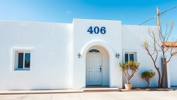 White and blue building exterior, simple architecture, sunny day