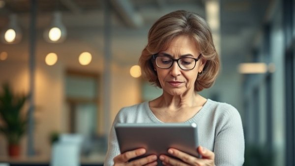 Middle-aged woman applying for social security on a tablet.