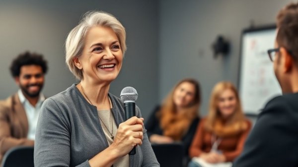 Middle-aged woman in a red dress speaks on AI and health optimization.